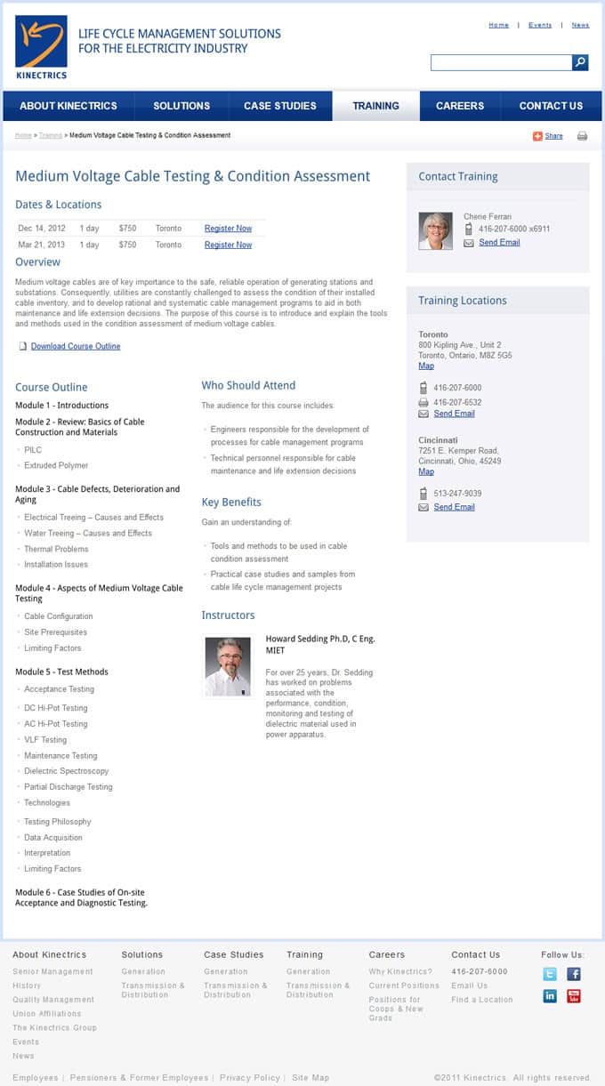 Training Page of Kinectrics SharePoint Website